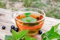 A cup of tea with black currant leaves. Tea with currants on a wooden table in the open air Royalty Free Stock Photo