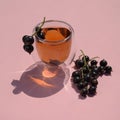 A cup of tea with black currants on a pink background next to currant berries. Close-up. Royalty Free Stock Photo