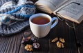 Cup of tea, book and knit cap on wooden table Royalty Free Stock Photo