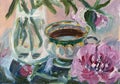 a cup of tea and a bouquet of peonies, oil painting Royalty Free Stock Photo