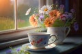 A cup of tea and a bouquet of wild flowers on the window. Romantic morning in the country. Generative AI