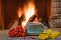 A cup of tea, a bunch of mountain ash and yellow autumn leaves near a cozy fireplace, in a country house, winter or autumn