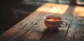 a cup of tea and a bundle of dried leaves on a wooden table