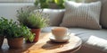 a cup of tea and a bundle of dried leaves on a wooden table