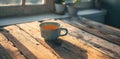 a cup of tea and a bundle of dried leaves on a wooden table