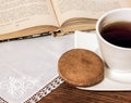 Cup of tea with cake, book and doily