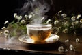 Cup of tea with chamomile flowers on black background, A delicate teacup filled with steaming chamomile tea, AI Generated