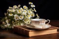 Cup of tea with chamomile flowers on old book, beautiful composition with chamomile flowers in Cup, old book, AI Generated Royalty Free Stock Photo