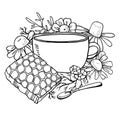 Cup of tea with chamomile flowers, spoon and honeycomb. Hand drawn sketch vector illustration Royalty Free Stock Photo