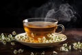 Cup of tea with chamomile flowers on wooden table, A delicate teacup filled with steaming chamomile tea, AI Generated