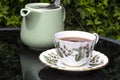 Cup of tea in a china teacup and saucer with a pastel green teapot reflected on a glass table