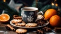A cup of tea in a Christmas arrangement. Ai generative
