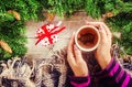 Cup of tea on christmas background. Christmas morning. Selective focus. Royalty Free Stock Photo