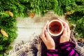 Cup of tea on christmas background. Christmas morning. Selective focus. Royalty Free Stock Photo