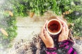 Cup of tea on christmas background. Christmas morning. Selective focus Royalty Free Stock Photo