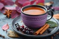a cup of tea with cinnamon, berries and a cinnamon stick in it, in the style of light purple and black, detailed foliage
