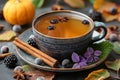 a cup of tea with cinnamon, berries and a cinnamon stick in it, in the style of light purple and black, detailed foliage