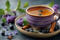 a cup of tea with cinnamon, berries and a cinnamon stick in it, in the style of light purple and black, detailed foliage