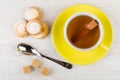 Tea with cinnamon, teaspoon, sugar, cookies with cottage cheese Royalty Free Stock Photo