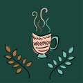 A cup of tea, coffee and plant branches. Vector sketch illustration. Limited color palette