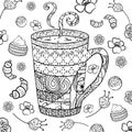 A cup tea or coffee in zenart style for coloring page, surrounded by baking and flowers. Cup with abstract patterns in the style Royalty Free Stock Photo