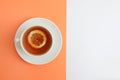 Cup of tea on color background. Space for text Royalty Free Stock Photo