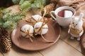 A cup of hot tea with Christmas gingerbread, a branch of a spruce tree on a wooden background Royalty Free Stock Photo