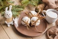 A cup of hot tea with Christmas gingerbread, a branch of a spruce tree on a wooden background Royalty Free Stock Photo