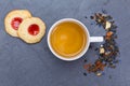 Cup of tea with cookies, sugar and loose leaves