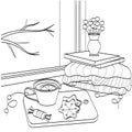 A Cup Of Tea And Cookies On The Windowsill. Black Outline, Silhouette, Sketch Of A Winter Still Life. Cute Vector