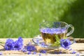 A cup of tea with cornflowers