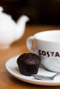 Cup of tea in Costa Coffee with small mini chocolate muffin