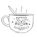 Cup of tea with cute Tiger and inscription Happy 2022. Linear drawing. Design Template for Christmas and Happy New Year