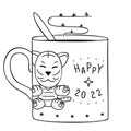 Cup of tea with cute Tiger and inscription Happy 2022. Linear drawing. Design Template for Christmas and Happy New Year