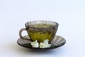 Cup of tea. dark glass cup with herbal hot jasmine tea with bloom flowers of jasmine Royalty Free Stock Photo