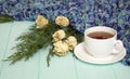 Cup of tea with dried roses and branches of juniper Royalty Free Stock Photo