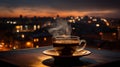 cup of tea evening street cafe at night ,view on rainy city blurred light