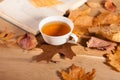 A cup of tea with falling autumn leaves of maple on the background of the wood table Royalty Free Stock Photo