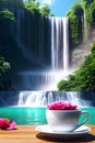 A cup of tea with flowers in front of a waterfall. Royalty Free Stock Photo