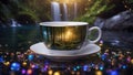 cup of tea in forest highly intricately detailed of beautiful tranquil image of Russell Falls waterfall landscape in a coffee cup Royalty Free Stock Photo