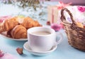 Cup of tea and fresh baked croissants. Healthy lifestyle concept. Romantic style.