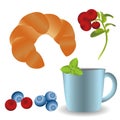 Cup of tea with fresh croissant, a sprig of mint and berries Royalty Free Stock Photo