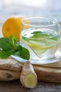 Cup of tea with ginger, lemon and mint closeup. Royalty Free Stock Photo