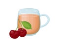 A cup of tea. A glass of cherry tea. A hot drink in a glass, with cherry berries lying next to it. Cherry compote