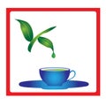 Cup of tea with green tea leafs and green tea drop.