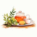 Cup of tea with green leaves on a white background. Vector illustration Royalty Free Stock Photo