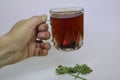 Cup of tea in hand on white background