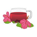 Cup of tea with hibiskus rose flowers, karkade