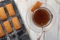 Cup of tea with homemade financier cake