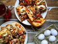 cup of tea, homemade pizza and eggs Royalty Free Stock Photo